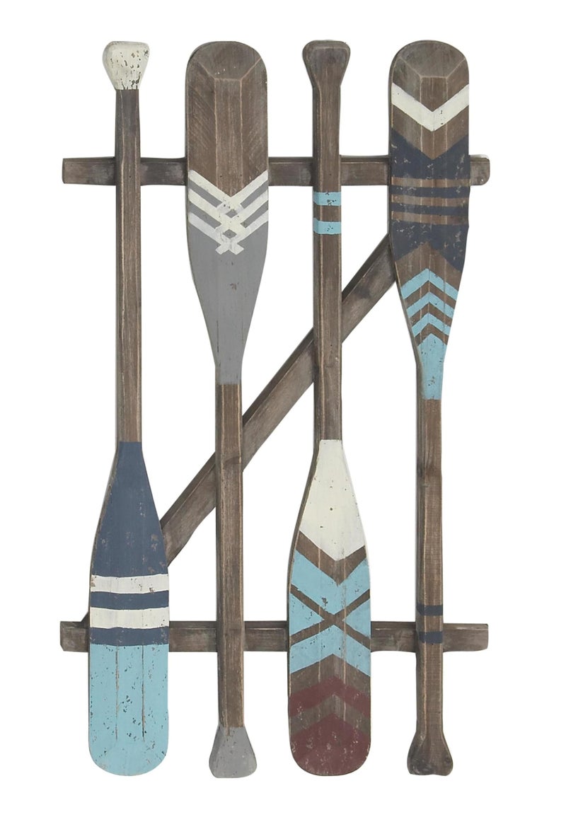 Deco 79 Wood Paddle Home Wall Decor Novelty Canoe Oar Wall Sculpture with Arrow and Stripe Patterns, Wall Art 21" x 2" x 36", Brown - Image 1